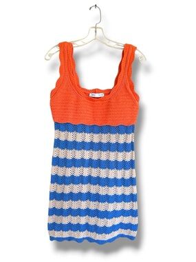 ZARA Blue/Orange Wavy Striped Crochet Knit Mini Dress Size Medium